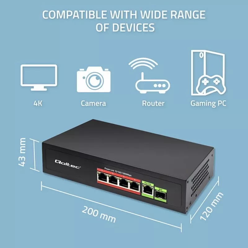 Ethernet PoE switch QOLTEC 52296 — 4x RJ45 PoE porty, 1x RJ45 uplink