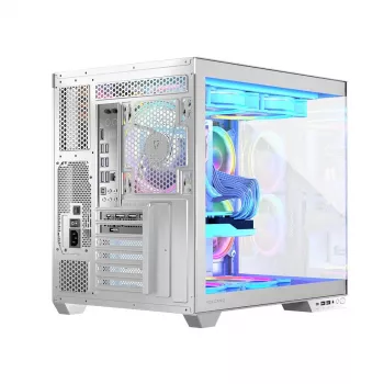 PC skriňa MODECOM Volcano Panorama Midi Tower biela — micro ATX, tvrdené sklo, ARGB, USB-C, podporuje GPU 400 mm