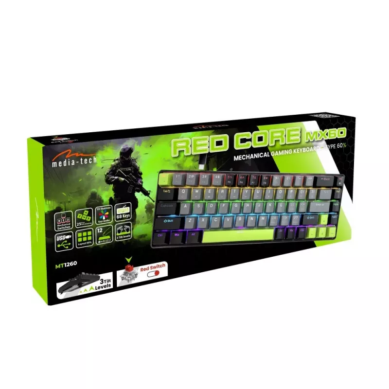 Mechanická klávesnica MEDIA-TECH MT1260 Red Core MX60, 60% formát, spínače CHERRY MX Red, RGB podsvietenie, USB, zelená