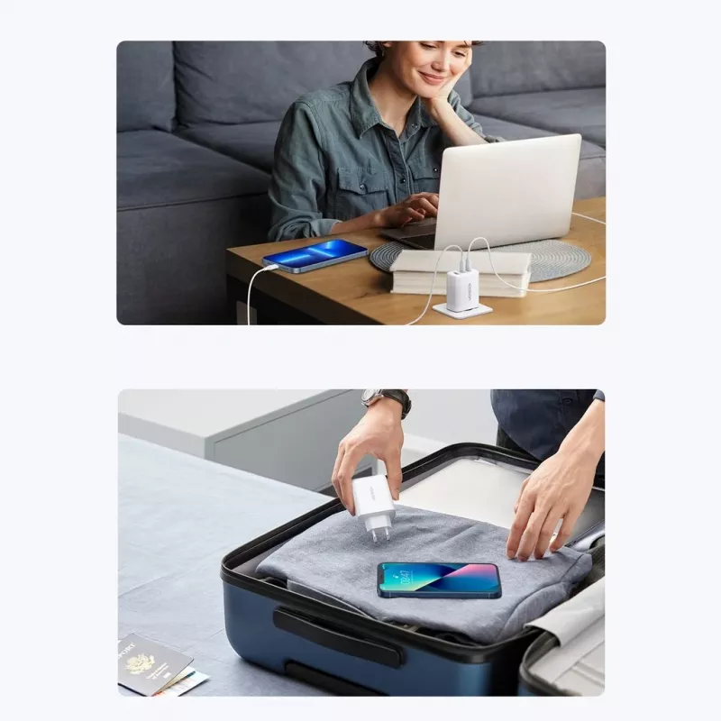 Nástenná nabíjačka UGREEN CD275 2× USB Type-C 65W biela — Dual-USB-C 65W rýchle nabíjanie, 100–240V vstup