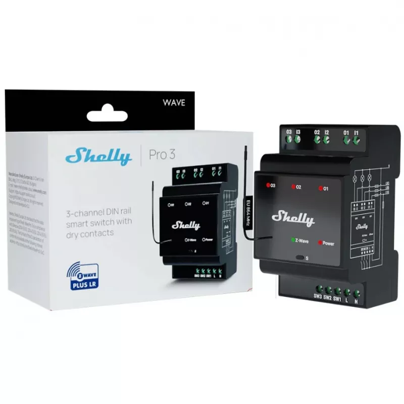 Inteligentné relé Shelly Wave PRO 3 — čierna, plastové puzdro, 110–240 V AC, 50–60 Hz, 0,3 W, 53×59×96 mm