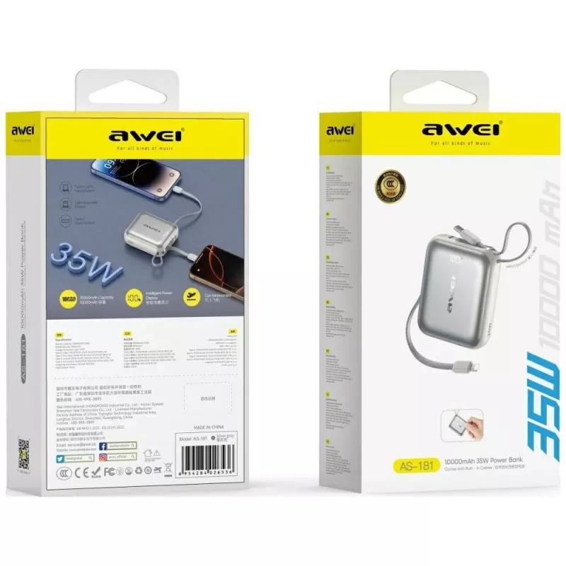 Powerbanka Awei AS-181 10000mAh 35W s integrovaným káblom
