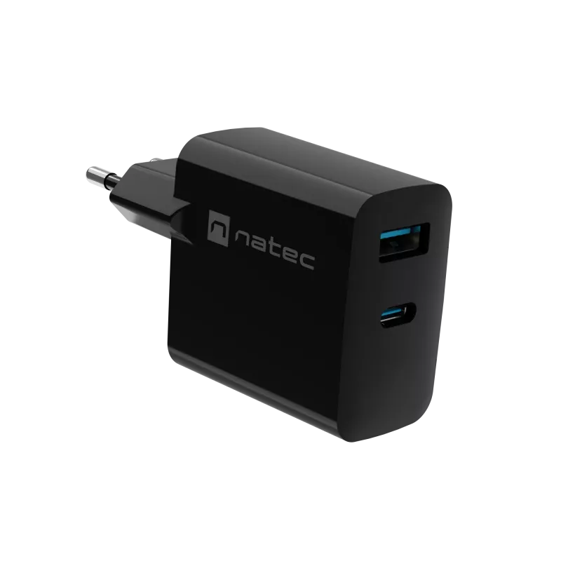 Káblová nabíjačka pre mobilné zariadenia NATEC NUC-2143, 45 W, USB-C PD 3.0 + USB-A QC 3.0, 110–240 V, čierna