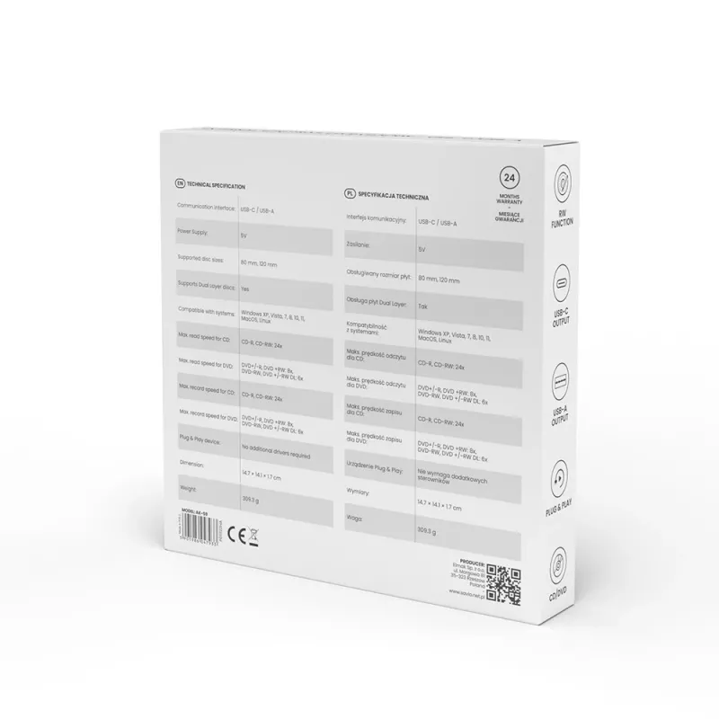 SAVIO AK-59 externá štíhla CD/DVD vypaľovačka R/RW - USB-C/USB-A, čierna