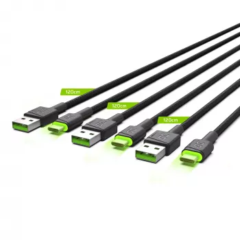 USB-C kábel Green Cell KABGCSET02 1,2 m (USB-A na USB-C, 2,4 A, 480 Mbit/s) balenie 3 ks s LED podsvietením