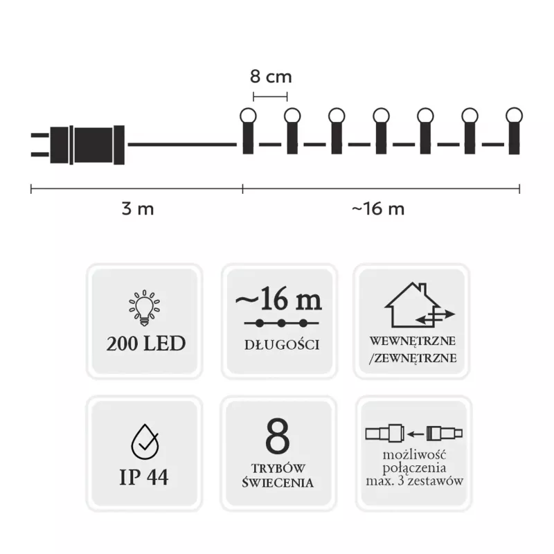 LED svetelná reťaz Extralink 200 žiaroviek studená biela, priemer 3+ mm, dĺžka 16 m