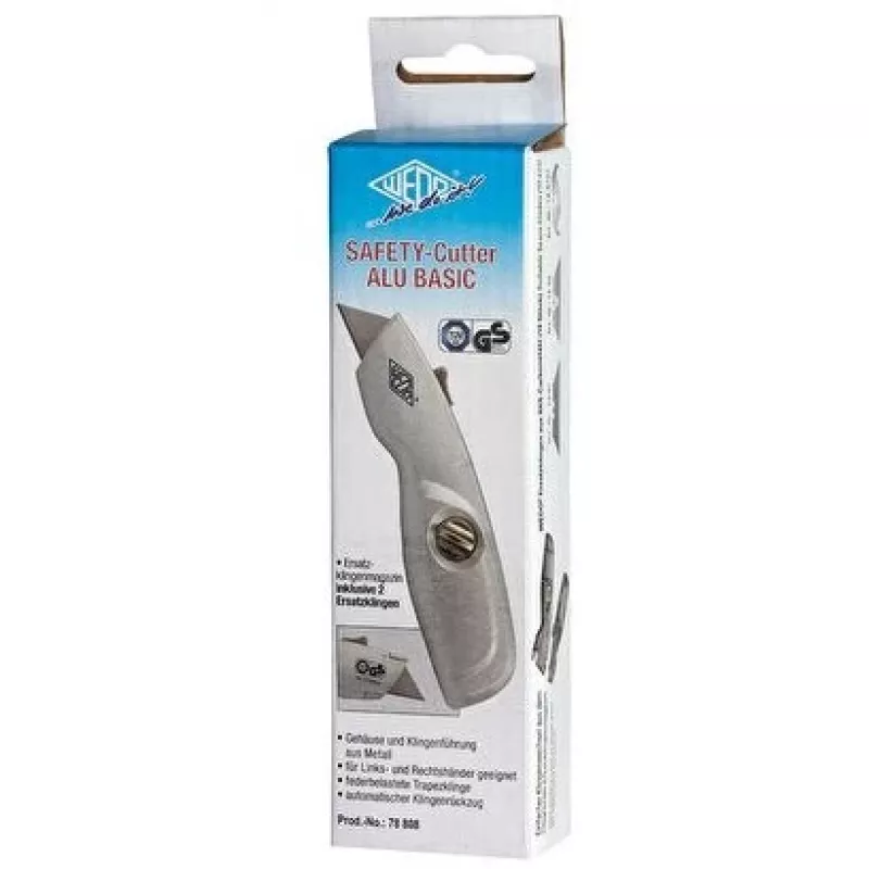 WEDO 78808 Safety-Cutter ALU univerzálny nôž, lichobežníková čepeľ, pružinová, automaticky sa zasúvajúca, 2 náhradné čepele, TÜV/GS, strieborný
