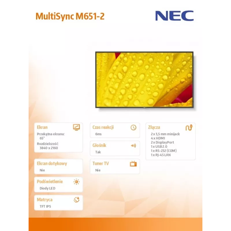 NEC MultiSync M651-2 kioskový dizajn 165,1 cm (65 palcov) LED 500 cd/m² 4K Ultra HD čierny vstavaný procesor