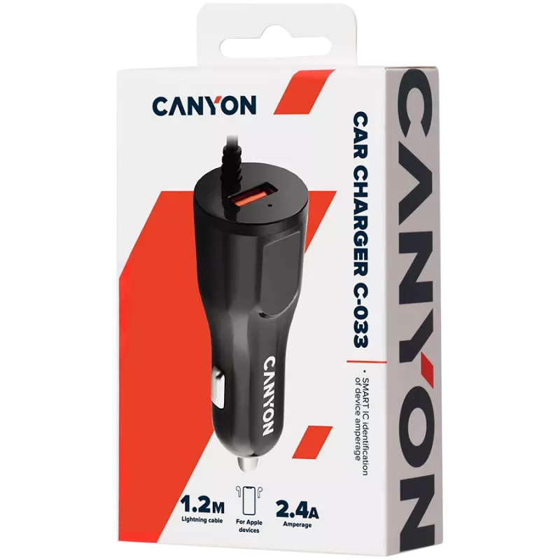 CANYON autonabíjačka C-033 2,4A/USB-A s integrovaným Lightning konektorom čierna