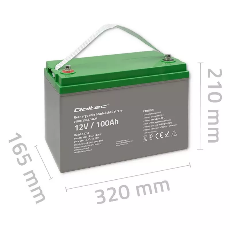 Qoltec 53038 AGM batéria | 12V | 100Ah | max 1200A