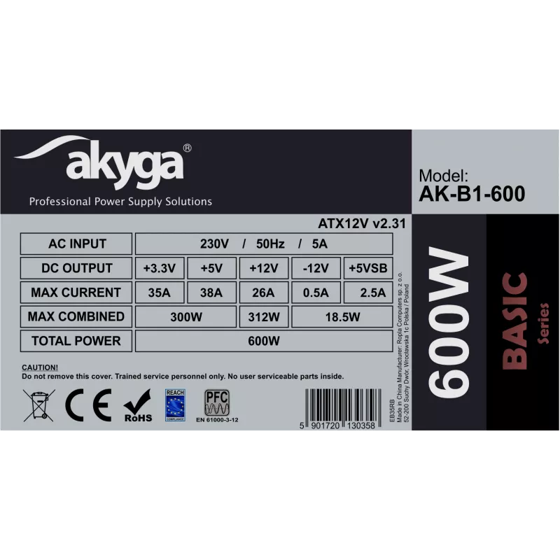 Akyga Basic AK-B1-600 ATX napájací zdroj 600 W, 120 mm ventilátor, pasívne PFC, sivý