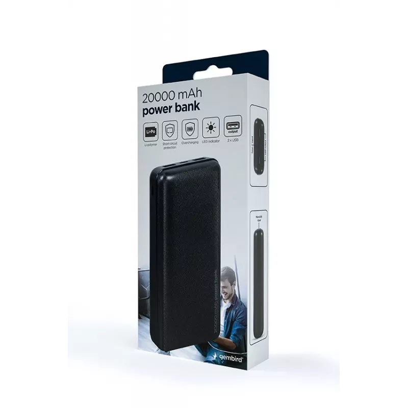 Gembird PB20-02 powerbanka lítium-polymérová (LiPo) 20000 mAh čierna