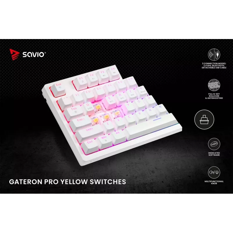 SAVIO PHENIX WHITE bezdrôtová mechanická klávesnica, Gateron Red Pro, ABS