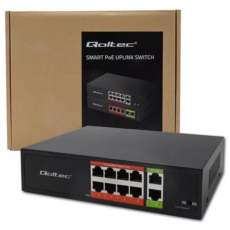 Sieťový switch QOLTEC FAST Ethernet PoE 8xRJ45 s 2xRJ45 uplink