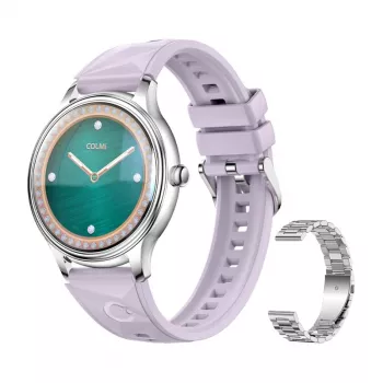 Colmi L28 smartwatch, striebornofialový, strieborný oceľový remienok