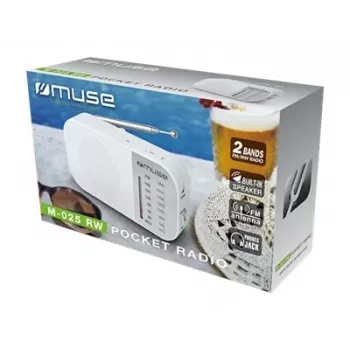 Prenosné rádio Muse M-025 RW — analógové UKW/MW, biele, na batérie, externá anténa