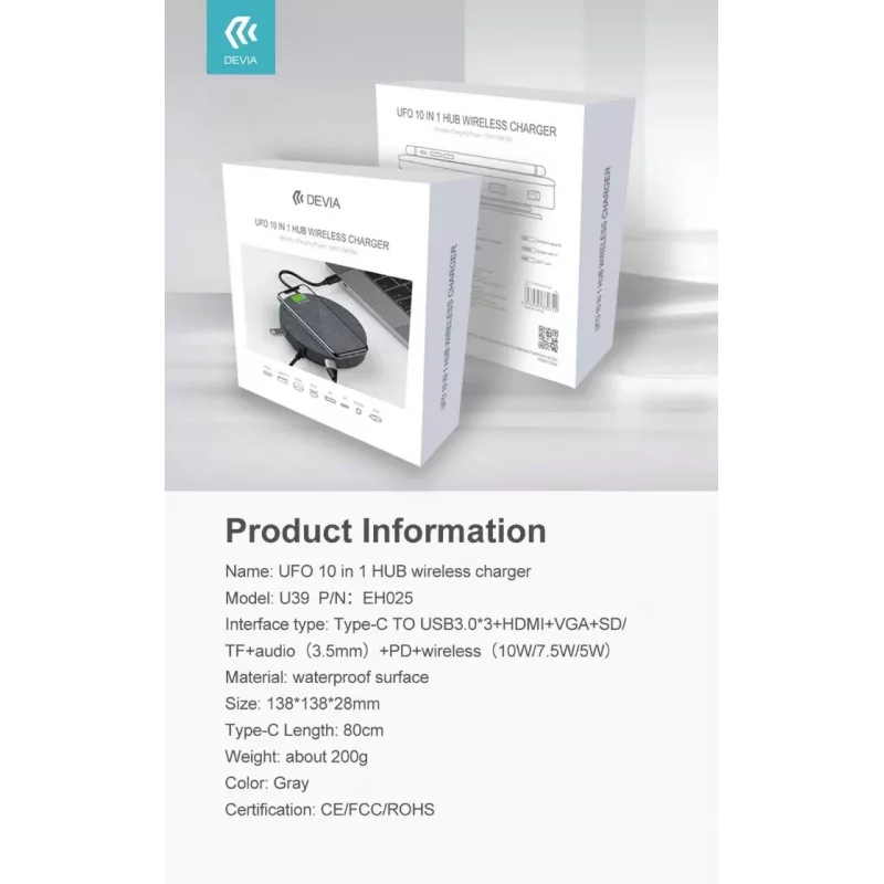 Devia UFO USB-C hub 10v1 s bezdrôtovou nabíjačkou, sivý