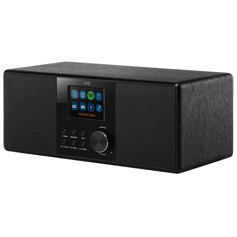Internetové rádio JVC RA-E981B — Wi‑Fi & Bluetooth streaming, DAB+, FM, 2x5W, 40 pamätí staníc, USB, AUX, LCD displej