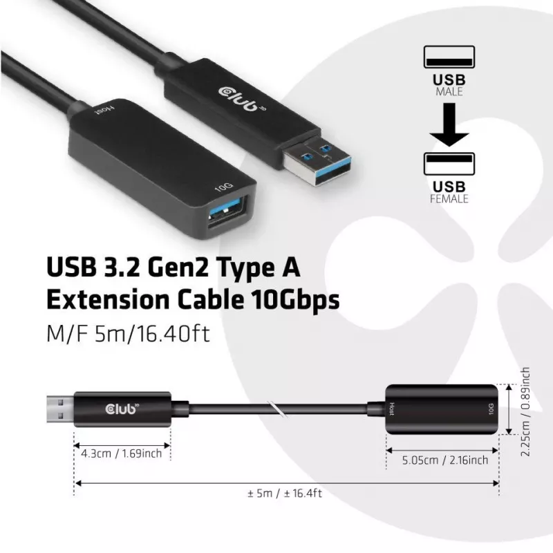 CLUB3D USB 3.2 Gen2 Type-A predlžovací kábel 10 Gbit/s M/F 5 m
