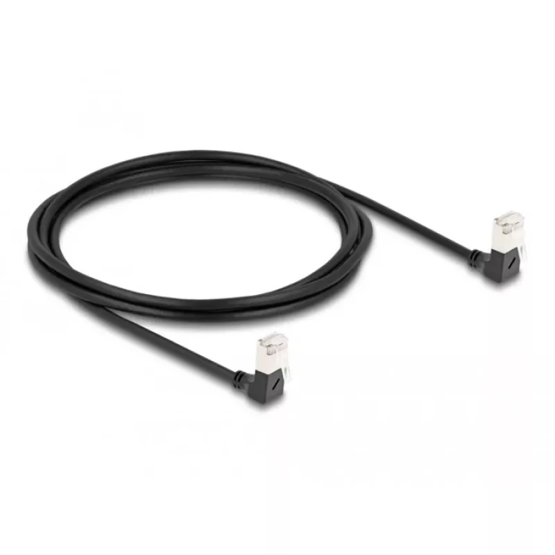 DeLOCK RJ45 sieťový kábel Cat.6A S/FTP tenký 90° nadol 2 m čierny