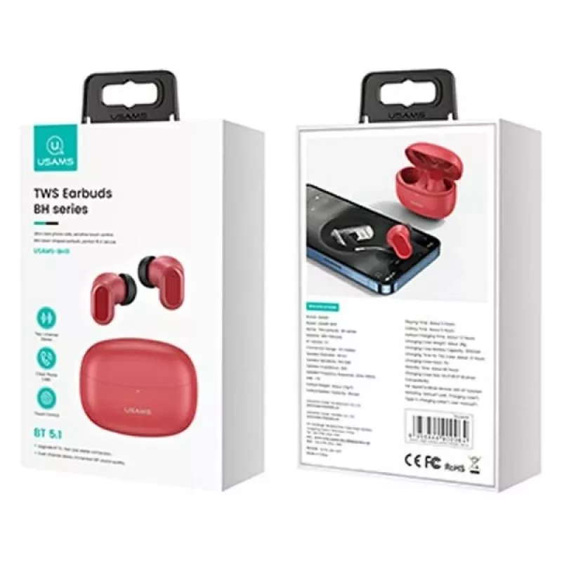 Bezdrôtové TWS slúchadlá usams BH-Series BHUBH03 Bluetooth 5.1, červené — In-Ear, nabíjacie puzdro