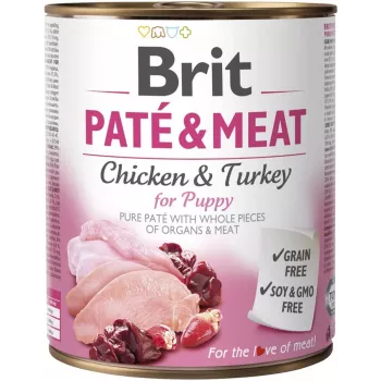 Mokré krmivo pre psov Brit Paté & Meat 800 g — kompletné mokré krmivo, Junior, morčacie a kuracie, bez obilnín, 75 % vlhkosti