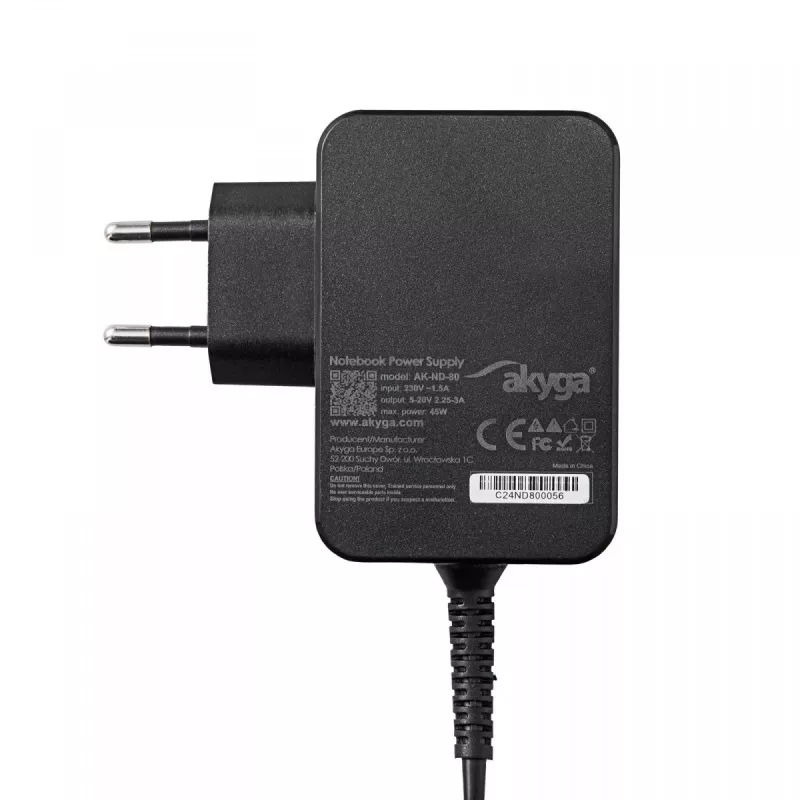Akyga AK-ND-80 USB-C GaN napájací zdroj pre notebook 45 W, PD 3.0, 5–20 V, 1,8 m kábel, čierny