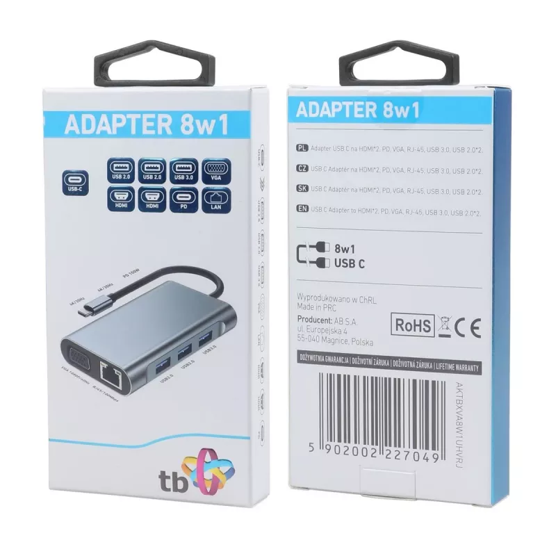 HUB 8in1 adaptér USB C HDMI x2 USB VGA RJ45 PD