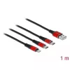 USB nabíjací kábel DeLOCK 3-v-1 Type-A na Lightning / 2 x USB Type-C 1 m čierny / červený