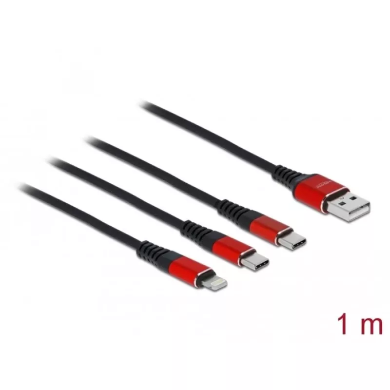 USB nabíjací kábel DeLOCK 3-v-1 Type-A na Lightning / 2 x USB Type-C 1 m čierny / červený