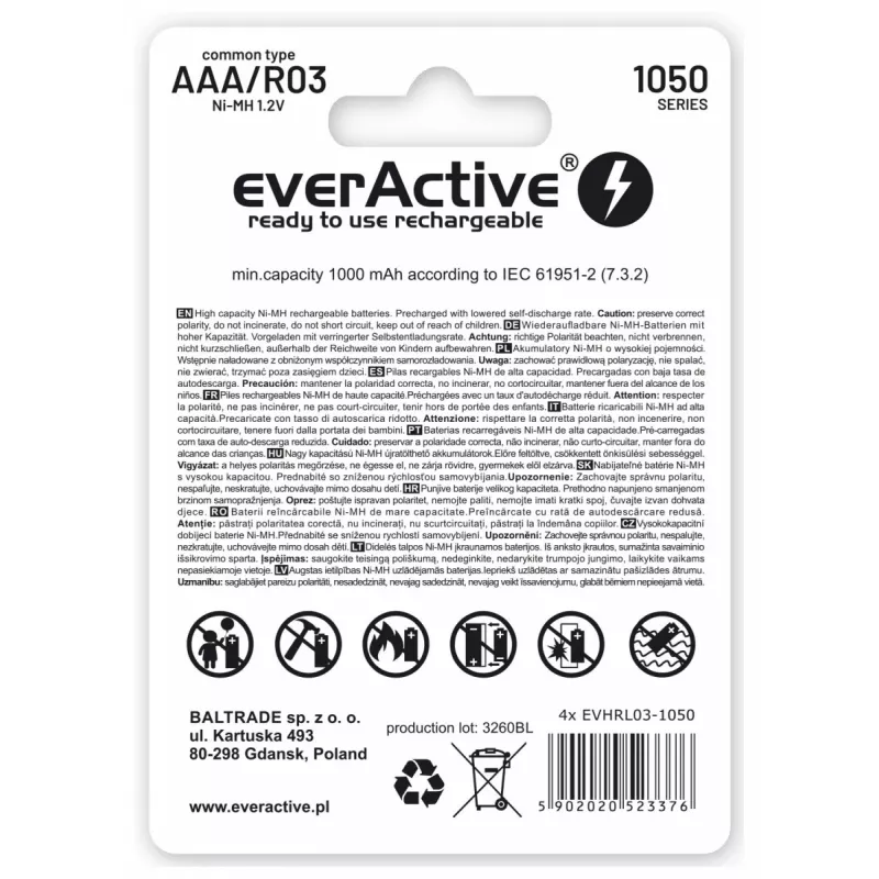 Nabíjací AAA NiMH akumulátorový balík everActive EVHRL03-1050 1,2 V — 4 ks, 1050 mAh