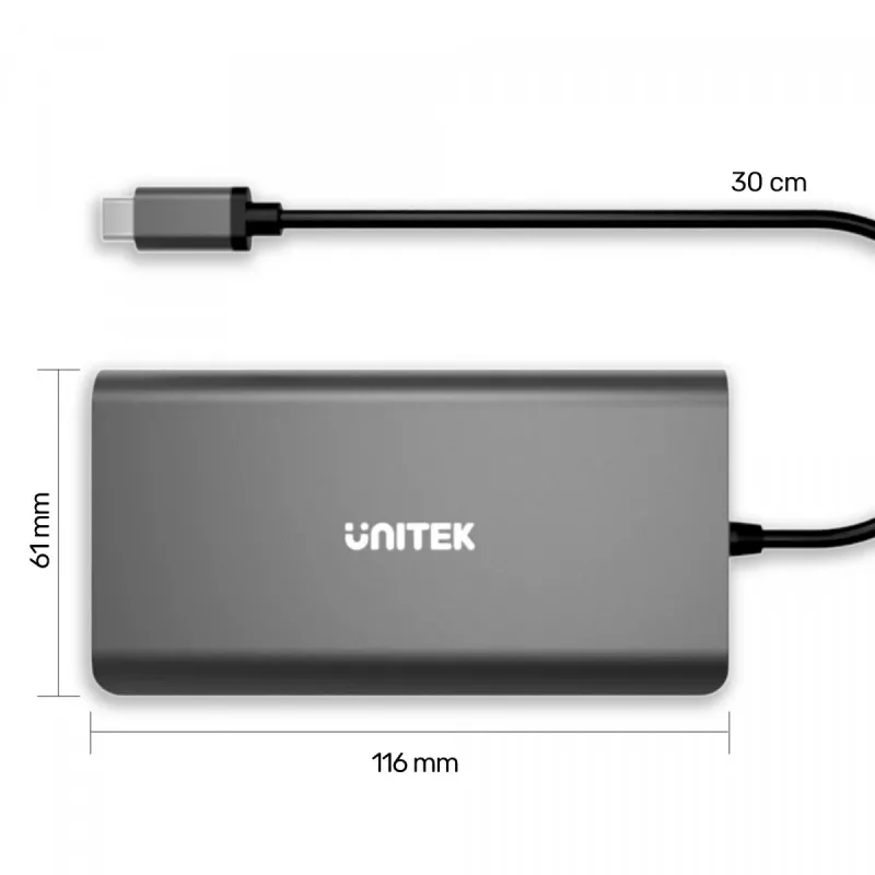 UNITEK uHUB O8+ káblový USB 3.2 Gen 1 Type-C hub, sivý, 100W Power Delivery