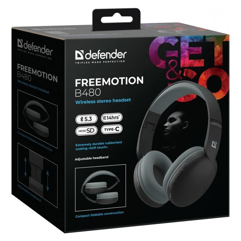 Defender FreeMotion B480 63480 bezdrôtové slúchadlá na uši, Bluetooth 5.3, USB-C, AUX, microSD, až 14 h, 20-20000 Hz, čierne