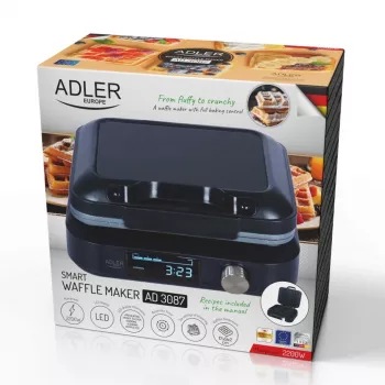 Waflovač Adler AD 3087 — elektrický belgický waflovač, 2200 W, 2 obdĺžnikové platne 9×17 cm, čierny