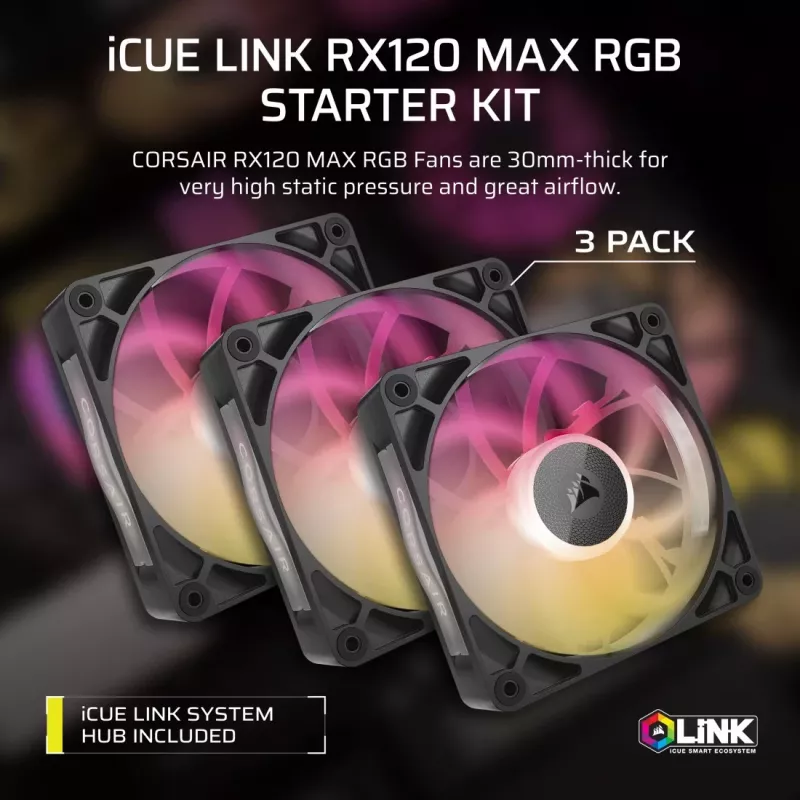 Corsair iCUE LINK RX120 MAX ARGB 120mm skriňový ventilátor 3-pack Čierna