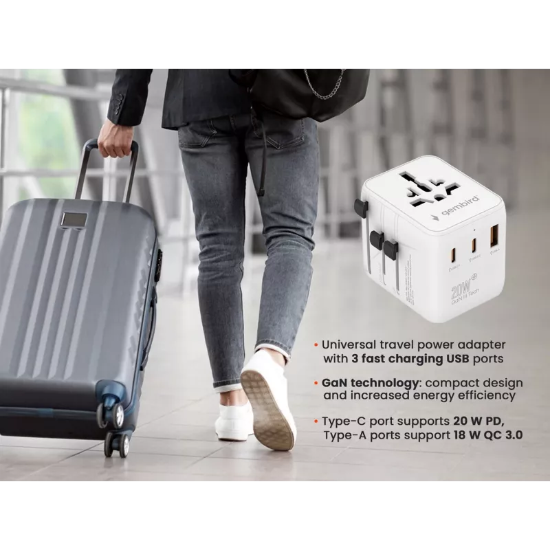 Cestovný napájací zdroj GEMBIRD TPA-1A2C20-01-W — 20 W, USB-A (18 W) + 2× USB-C (20 W), zástrčka typ E, biela