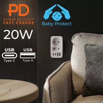 Rozbočovač napájania MACLEAN MCE249 F/W – 2x sieťové zásuvky (16A + 6A) a 4x USB (2x A, 2x C PD 20W)