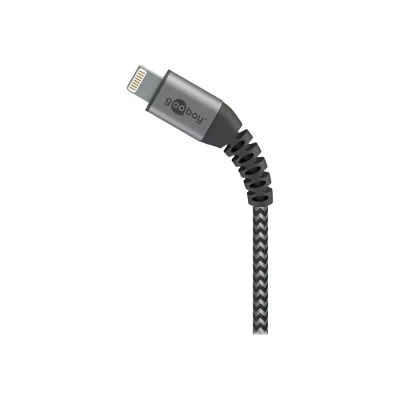 Goobay 49269 kábel USB-A – Lightning, 2 m, textilný oplet, kovové konektory, certifikácia MFi, USB 2.0, vesmírne sivá/strieborná