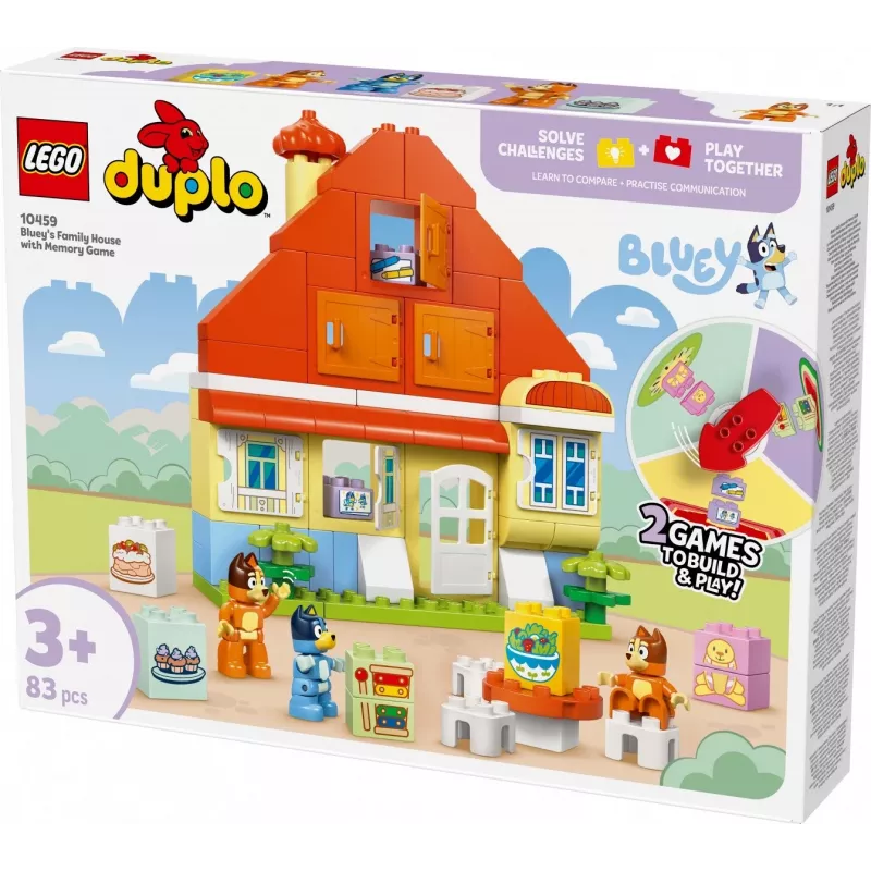 Stavebná hračka LEGO Bluey Rodinný dom s pamäťovou hrou 10459 — 83 dielov, 3 minifigúrky, vek 3+