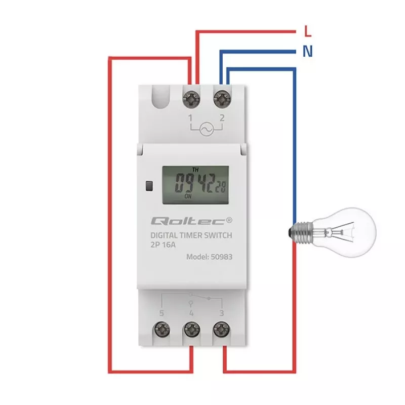 Elektronický časový spínač na DIN lištu QOLTEC 50983, na batérie, pre automatizačné obvody