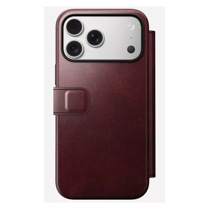 Puzdro na telefón Nomad Modern Leather Folio pre iPhone 17 Pro Max — koža, TPU, PC, hliník, bordová, 16 cm (6,3 palcov)