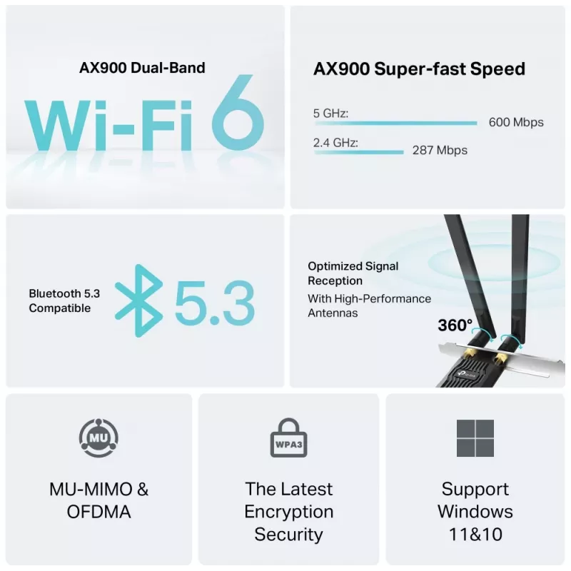 Wi‑Fi 6 Bluetooth PCIe adaptér TP‑LINK Archer TX10E AX900 — PCIe‑karta, AX900 Wi‑Fi 6, Bluetooth