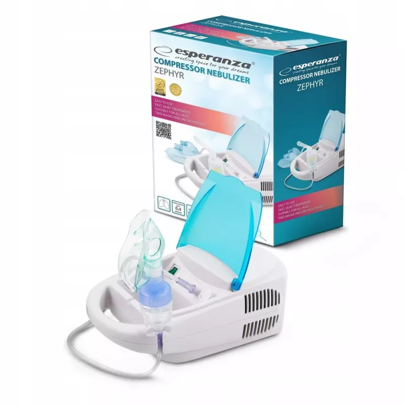 Stolný nebulizér ESPERANZA ECN002 — rozprašovanie 0,4 ml/min, objem 10 ml, maska pre dospelých a deti, náustok, 220 V
