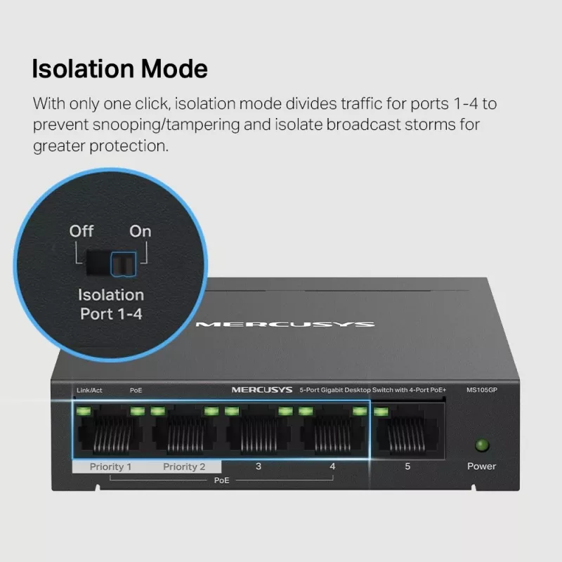 Mercusys 5-portový Gigabit desktop switch so 4-portovým PoE+