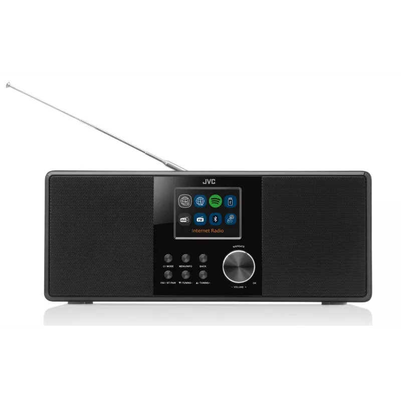 Internetové rádio JVC RA-E981B — Wi‑Fi & Bluetooth streaming, DAB+, FM, 2x5W, 40 pamätí staníc, USB, AUX, LCD displej