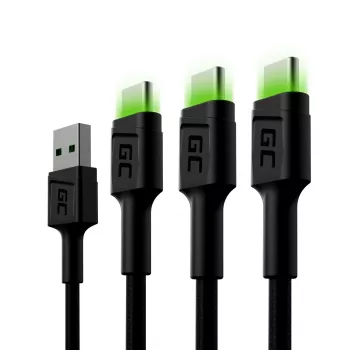 USB-C kábel Green Cell KABGCSET02 1,2 m (USB-A na USB-C, 2,4 A, 480 Mbit/s) balenie 3 ks s LED podsvietením