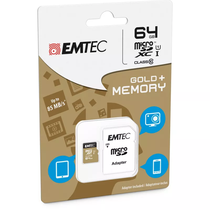 EMTEC Gold+ - pamäťová karta Flash (SD adaptér v balení) - 64 GB - Class 10 - microSD - zlatá (ECMSDM64GXC10GP)