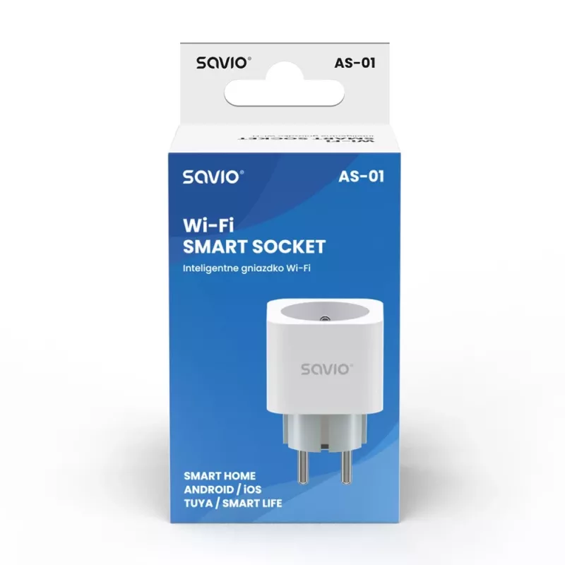 Smart zásuvka SAVIO AS-01 16A Wi‑Fi 2,4 GHz, konektor samec typ E/F, 220–240 V, 3680 W, biela