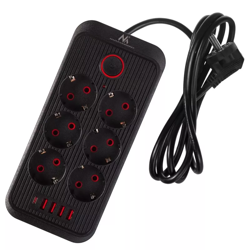 Predlžovacia zásuvka MACLEAN MCE389 B — 6 zásuviek, 4×USB-A + 1×USB-C, 110–240V, 2,1A, 2500W, 1,5 m kábel, čierna