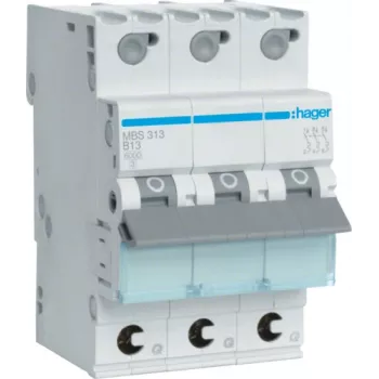 Hager MBS313. Menovitý prúd: 13 A, sieťová frekvencia: 50/60 Hz, menovitý výstupný prúd: 13 A. Typ: B-charakteristika, počet modulov (max.): 3 moduly. Šírka: 52,5 mm, hĺbka: 70 mm, výška
